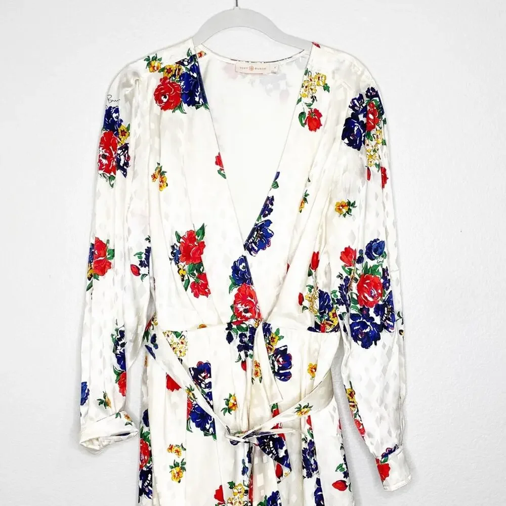 Tory Burch Floral Ruffle Silk Belted Wrap Dress Size 8